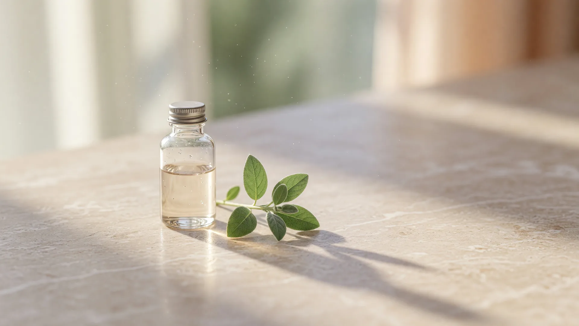 A clear glass sample vial beside a small green botanical sprig on warm stone in soft diffused light