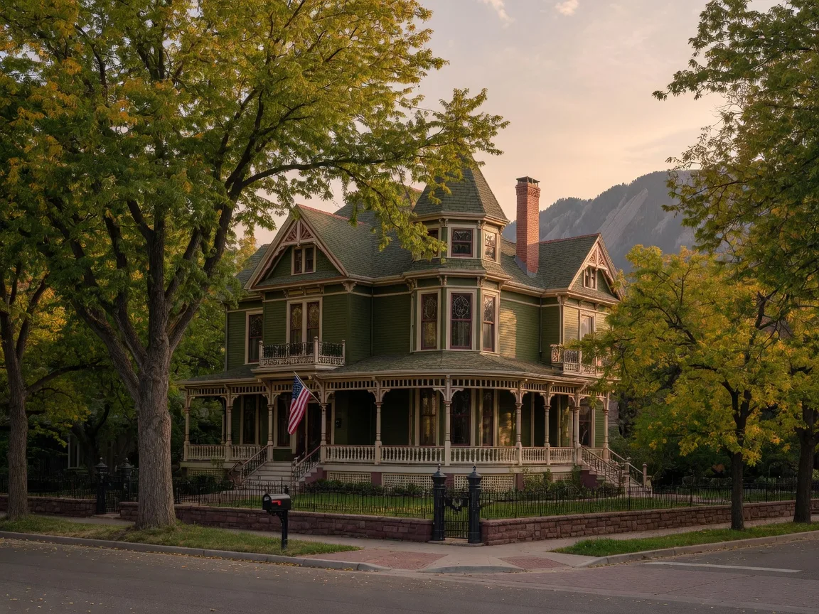 Grand Victorian home on Mapleton Hill with ornate architectural details, wraparound porch, and mountain views