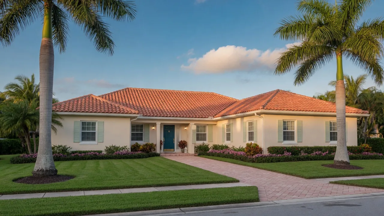 Bright South Florida home with palm trees in Palm Beach County