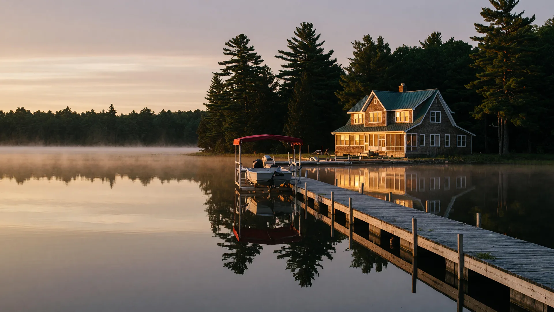Minnesota lake home on a quiet bay at sunrise, seen from across the water with a long wooden dock and calm mist