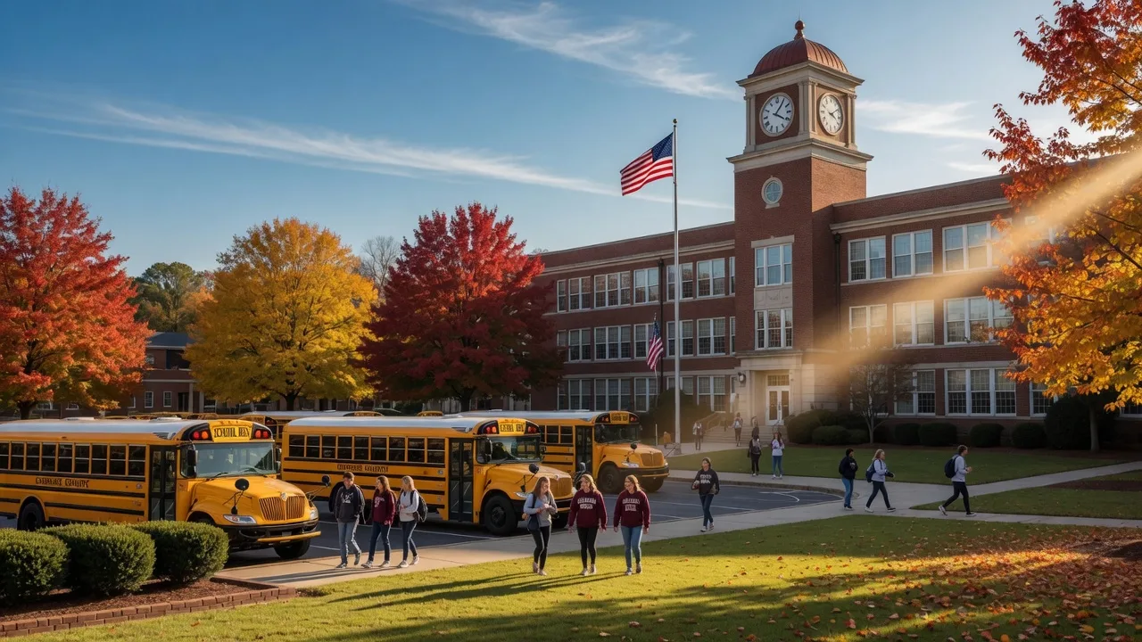 Cherokee High School in Canton, Georgia on a bright autumn afternoon with school buses, Cherokee County fall foliage, and red brick buildings