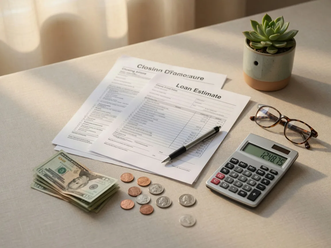 Closing documents, calculator, and folded bills on a desk showing how buydown money is paid at closing
