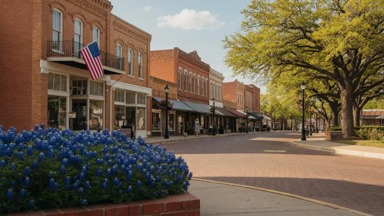 Historic downtown Brenham main street with brick storefronts and bluebonnets on a sunny afternoon