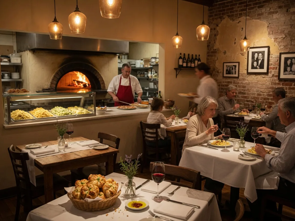 Warm intimate dining room of Ippolito's Neighborhood Italian in Suwanee Georgia with rustic wooden tables white tablecloths amber pendant lighting and an open kitchen