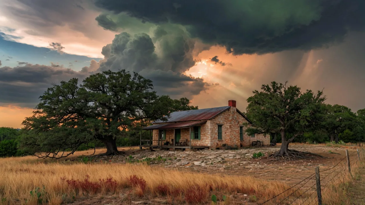 A Texas Hill Country stone home under a dramatic sky with towering hail-producing storm clouds