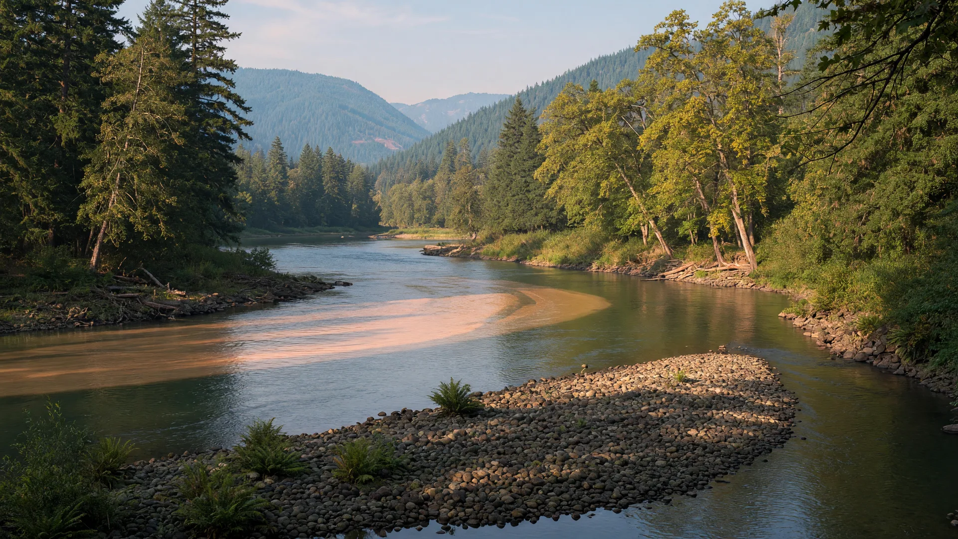The Clackamas River bending through a forested valley at the mouth of Eagle Creek near Estacada, Oregon, with golden late-summer light on the water and a sunlit gravel bar beneath bigleaf maples