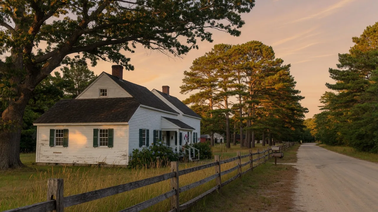 Historic clapboard home on a quiet rural street in Southampton Township, New Jersey Pine Barrens, bathed in warm golden-hour light