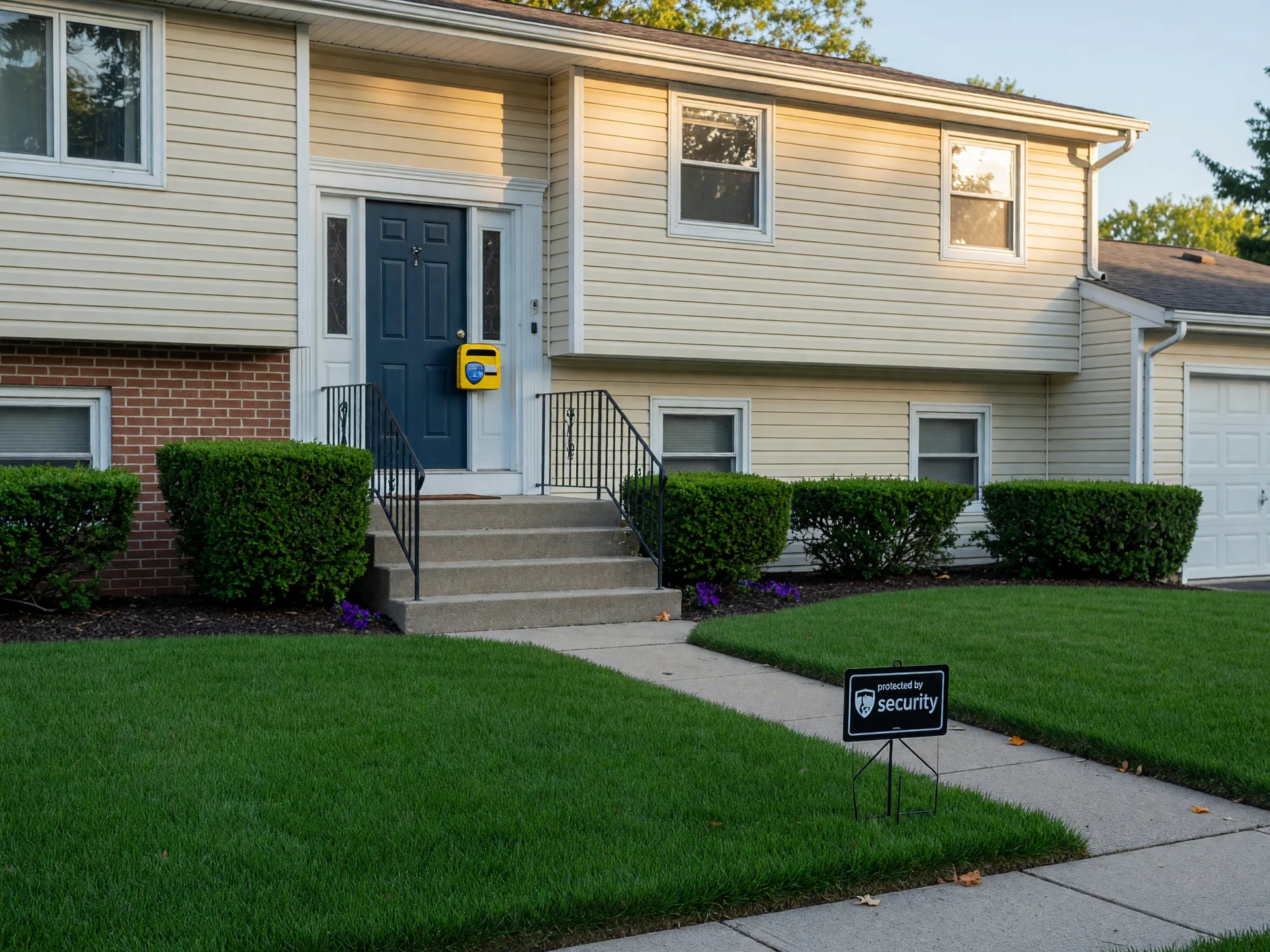 A clean, well-maintained Maryland split-level home with a lockbox and security sign, showing the results of proactive property management during probate