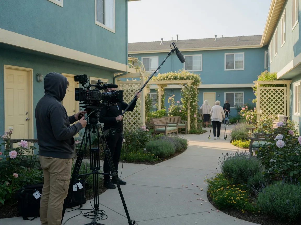 A professional video crew filming a senior living community courtyard