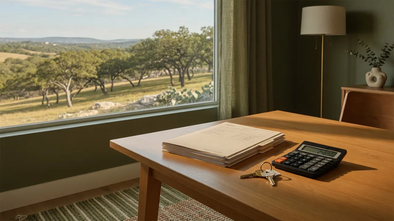 Mortgage documents, calculator, and a house key on a wooden desk with Texas Hill Country views through the window