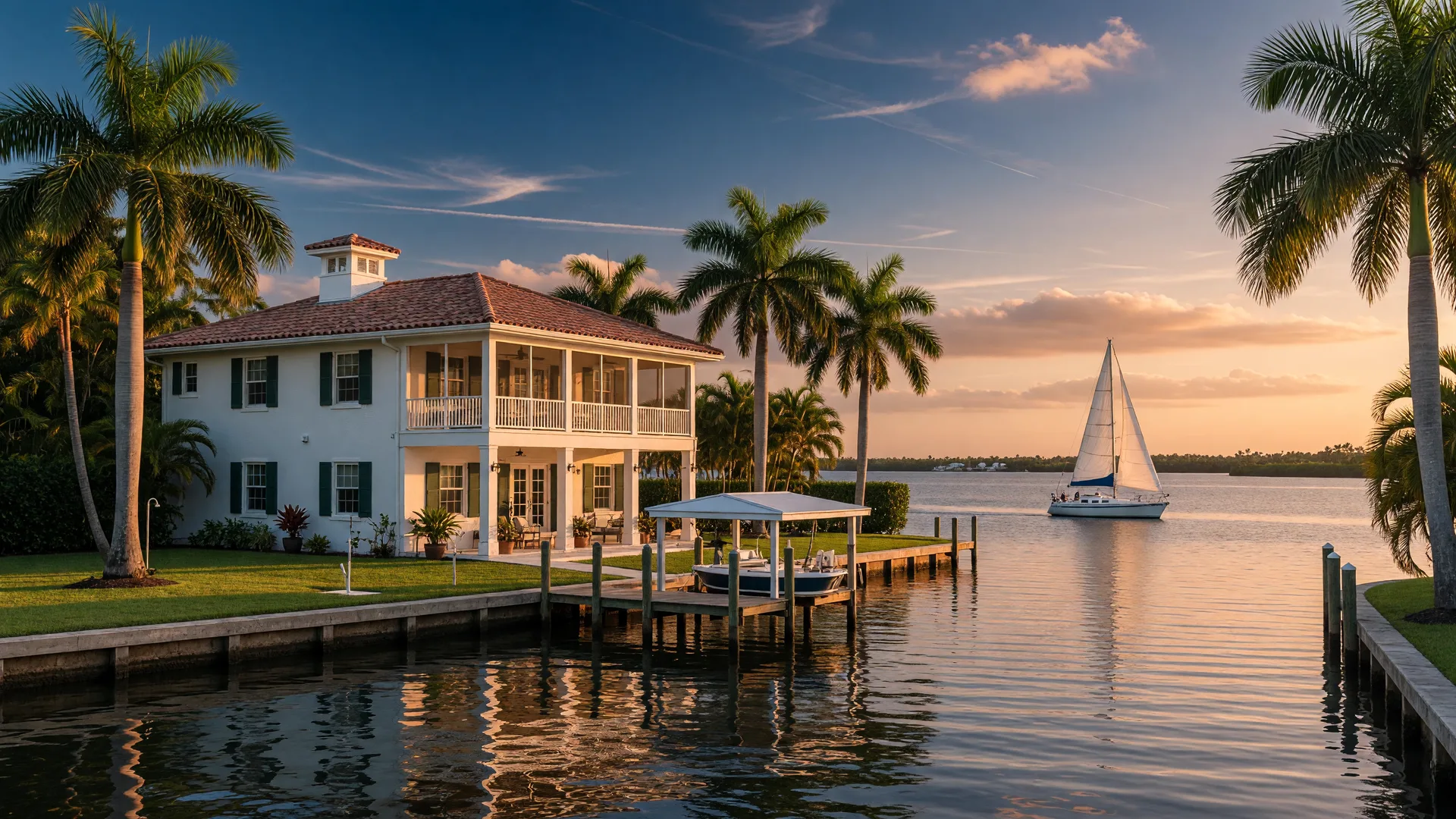 A waterfront Florida home on the intercoastal waterway at golden hour.