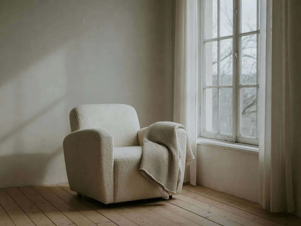 An empty cream armchair beside a tall window on a soft overcast afternoon with a folded blanket on the arm