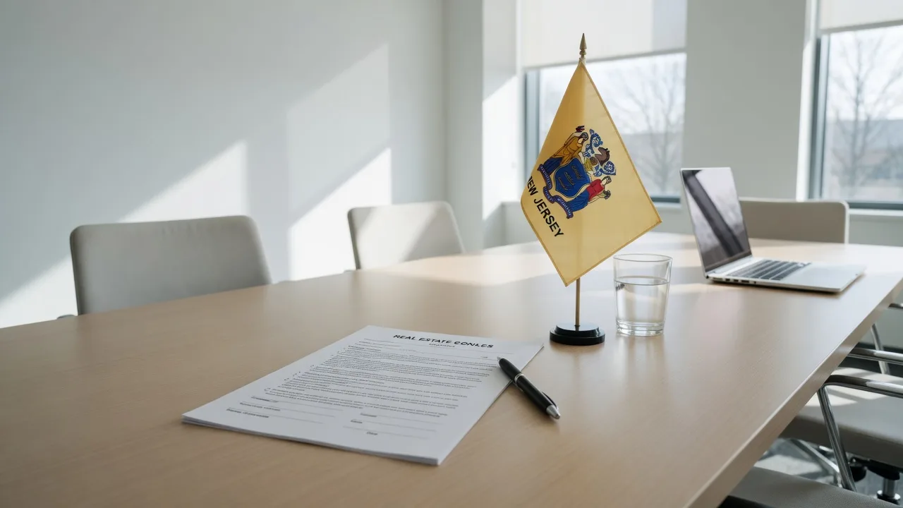 Bright conference table with a real estate contract, pen, and a small New Jersey state flag in a modern office