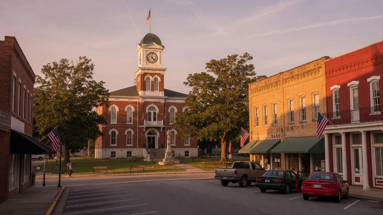 Small-town Georgia courthouse square with brick storefronts and shade trees
