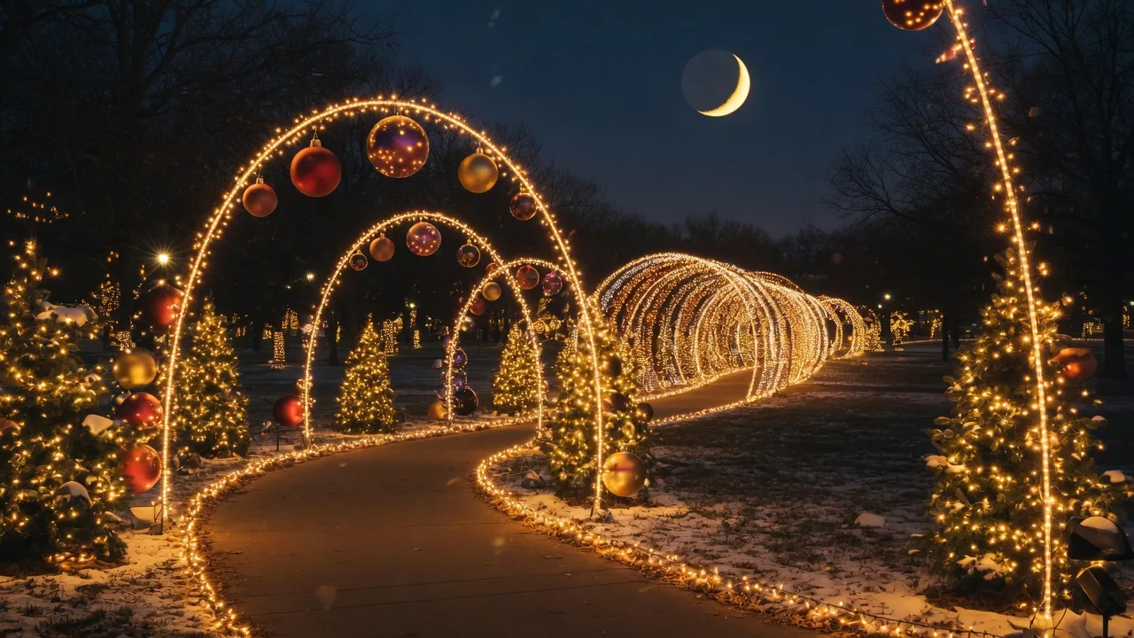 A walk-through Christmas light display in a Tulsa Metro park at night, with glowing arches and light tunnels lining a winding path beneath a crescent moon