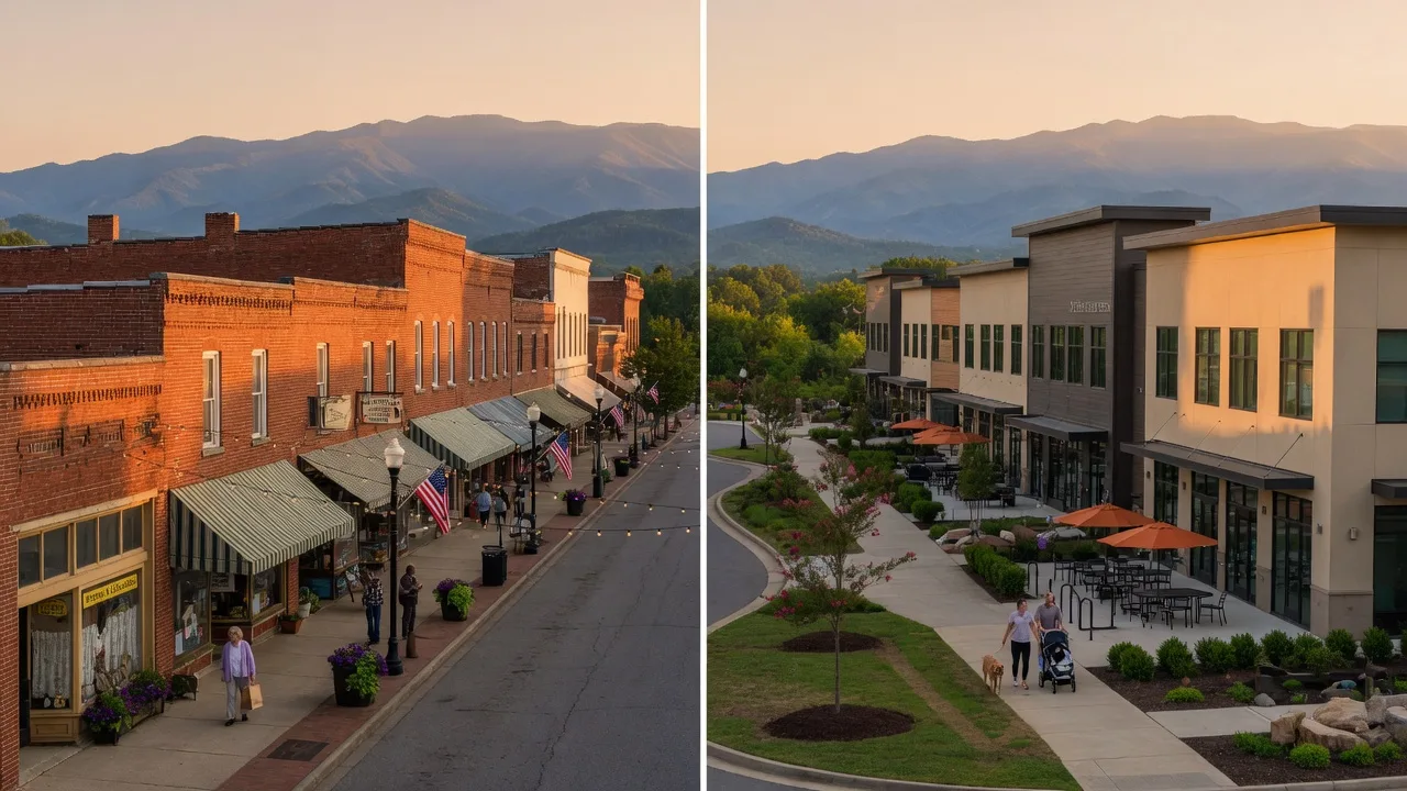 Warm golden-hour scene of a historic small-town downtown and a newer mixed-use district, with the Smoky Mountains on the horizon in Blount County, Tennessee