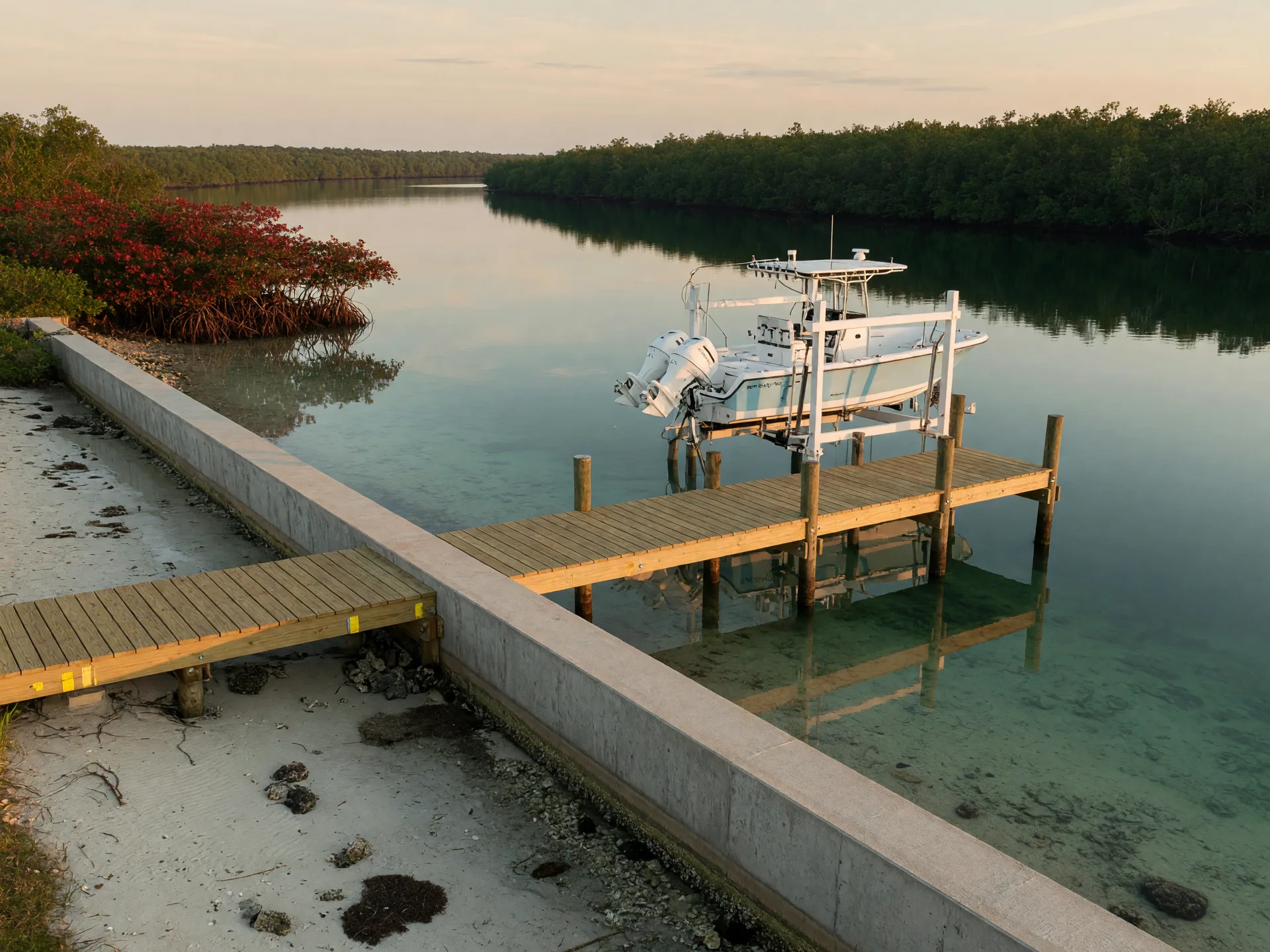 A recently rebuilt concrete seawall and wooden dock with a boat lift and sportfishing center-console on a calm Key Largo canal at low tide, clear turquoise water and a mangrove shoreline in the distance