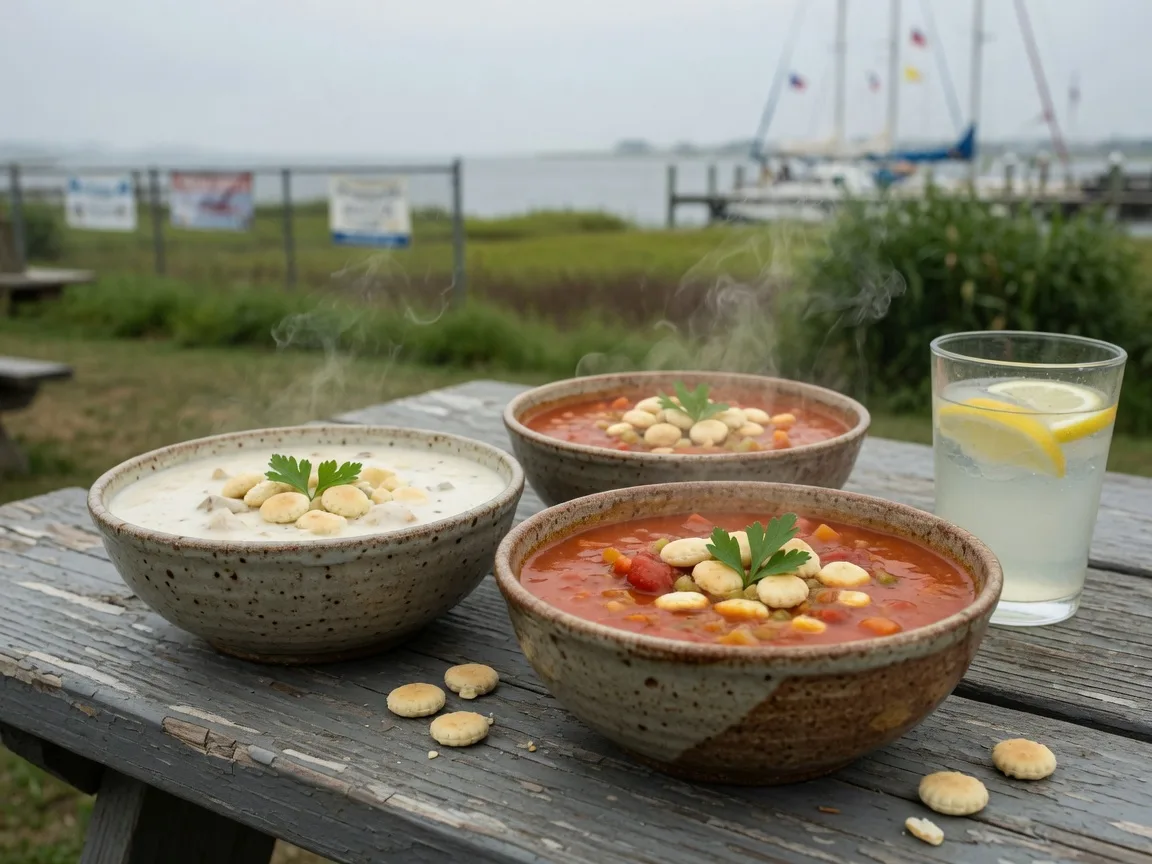 Bowl of creamy clam chowder with oyster crackers at a bayside picnic table, the kind of scene the Beach Haven cook-off celebrates all weekend