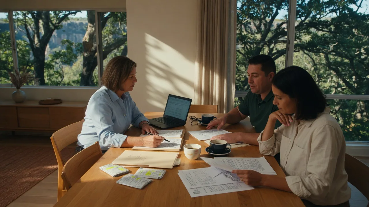 Real estate negotiation scene with papers and laptop on a table in a bright room with warm afternoon light
