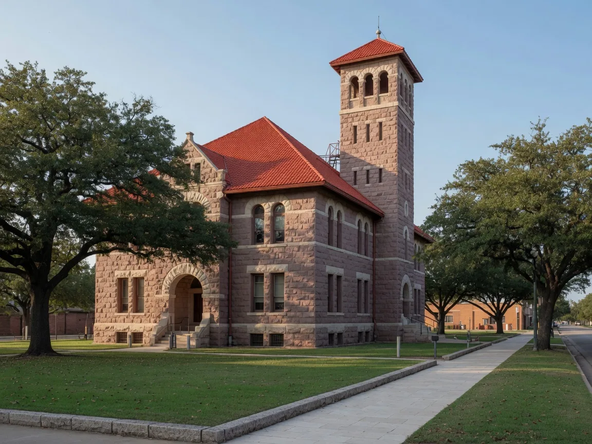 The Old Llano County Jail, known as the Red Top, a pink granite jailhouse with a red tile roof and four-story gallows tower beneath mature live oaks