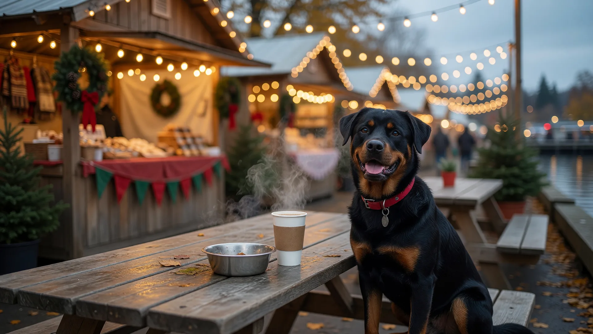 A Rottweiler sitting beside a picnic table at a warm, light-strung outdoor holiday market in late fall