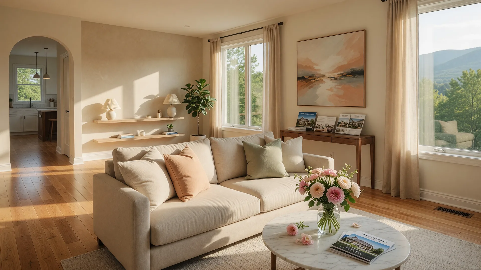 Bright, professionally staged living room in a Hamilton Mountain home ready for a real estate showing