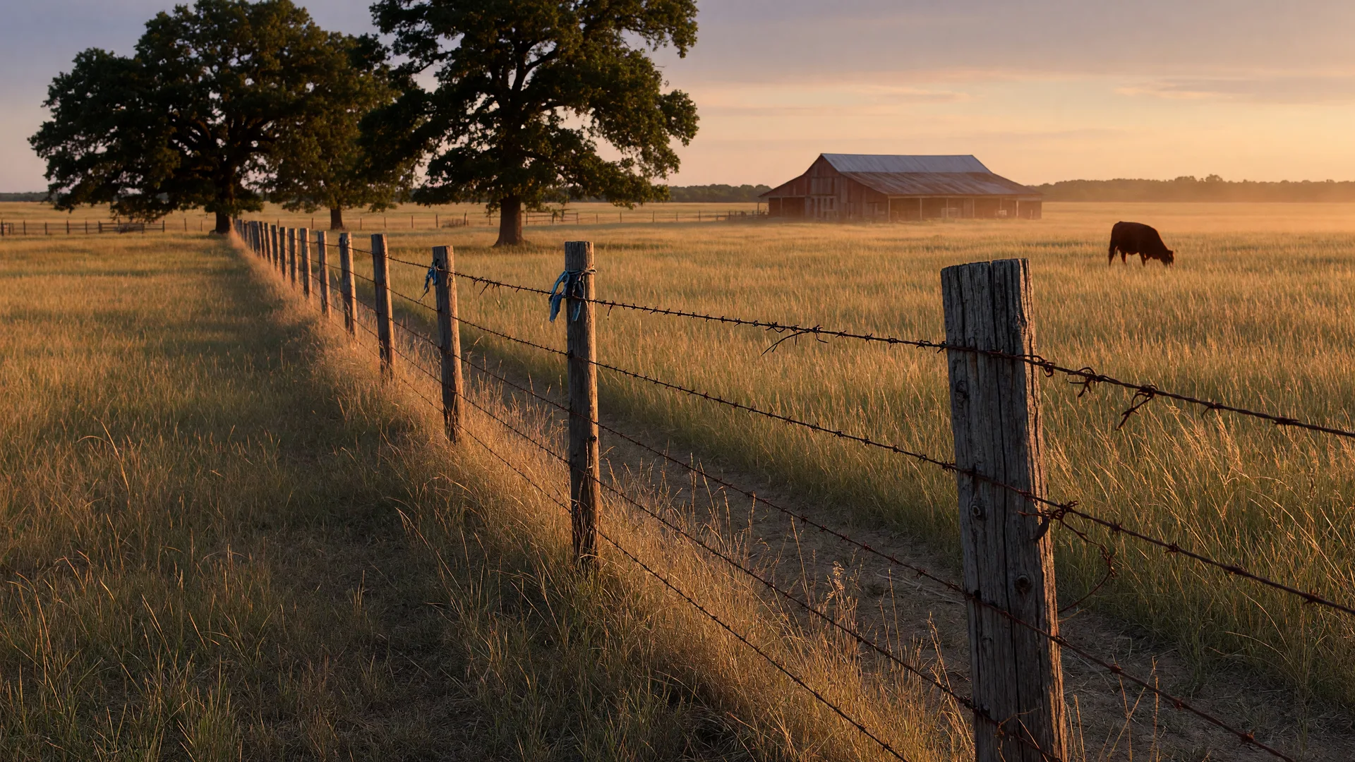 A weathered barbed-wire fence line with wooden posts running through a Northeast Texas pasture at golden hour