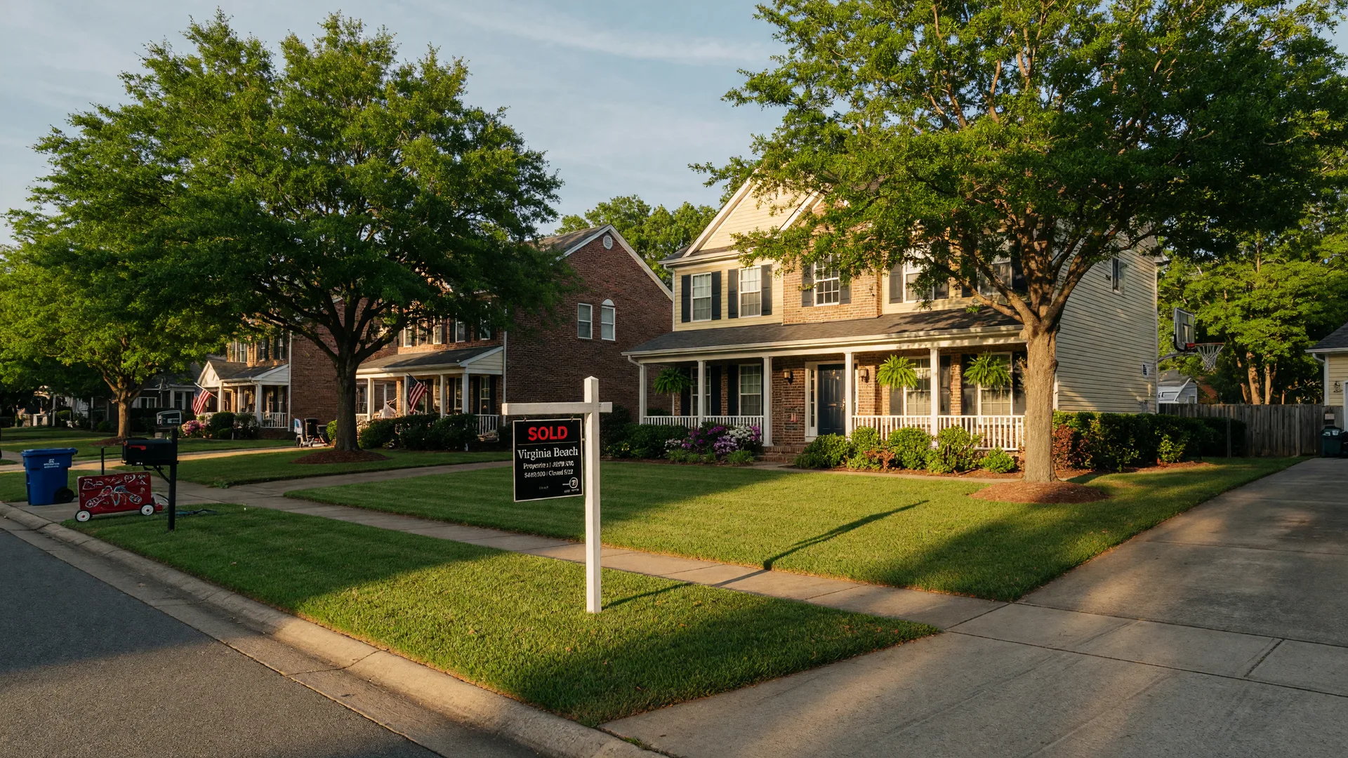 A freshly sold single-family home in a Virginia Beach neighborhood with a sold sign in the front yard