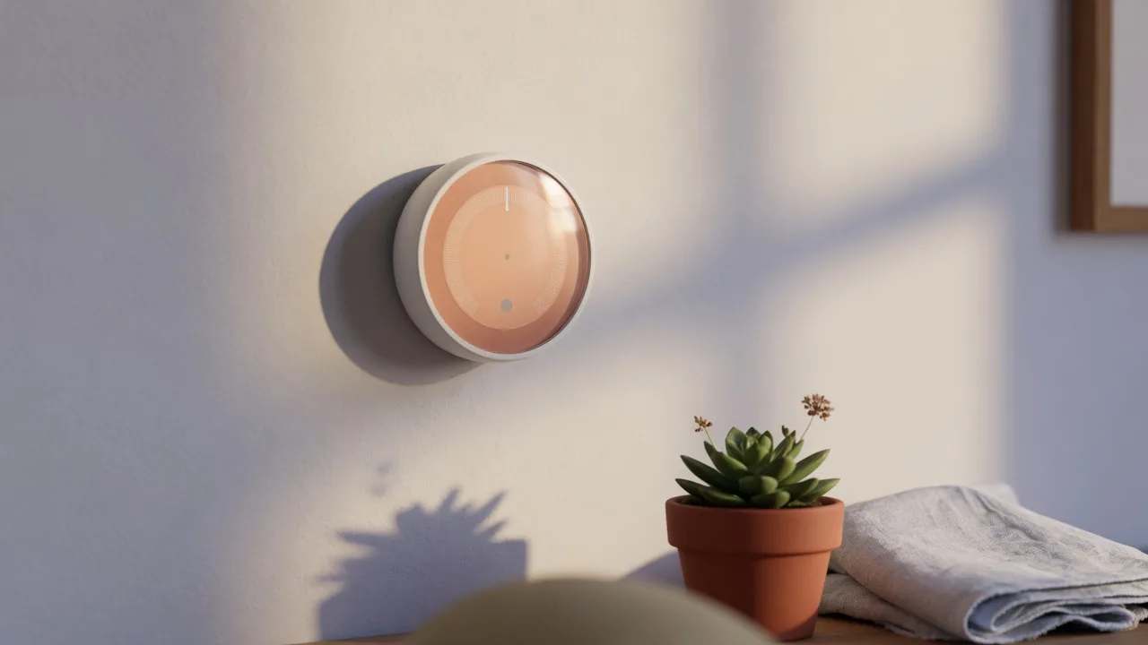A round smart thermostat on a warm painted wall in morning light