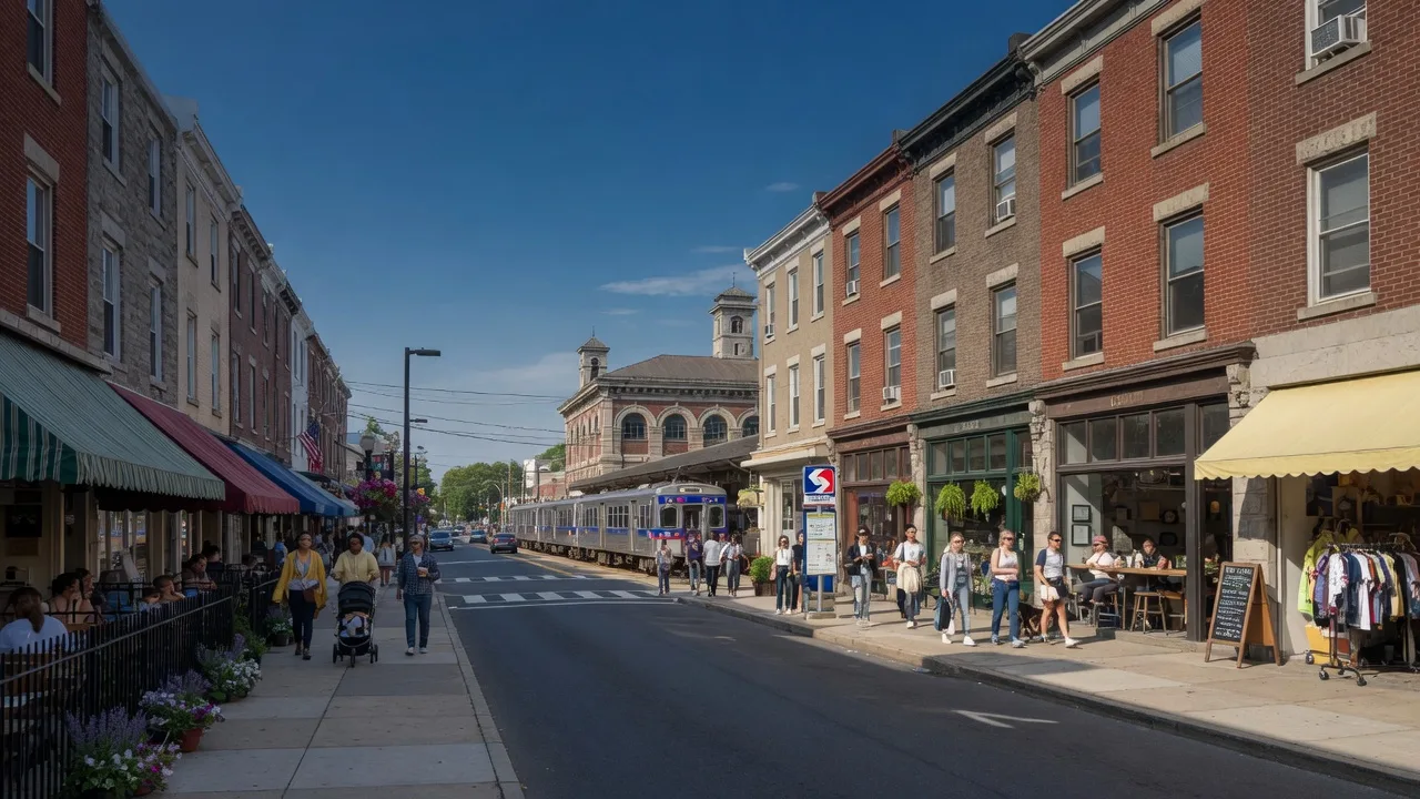 Germantown Avenue in Chestnut Hill with pedestrians, shops, cafes, and a SEPTA train station