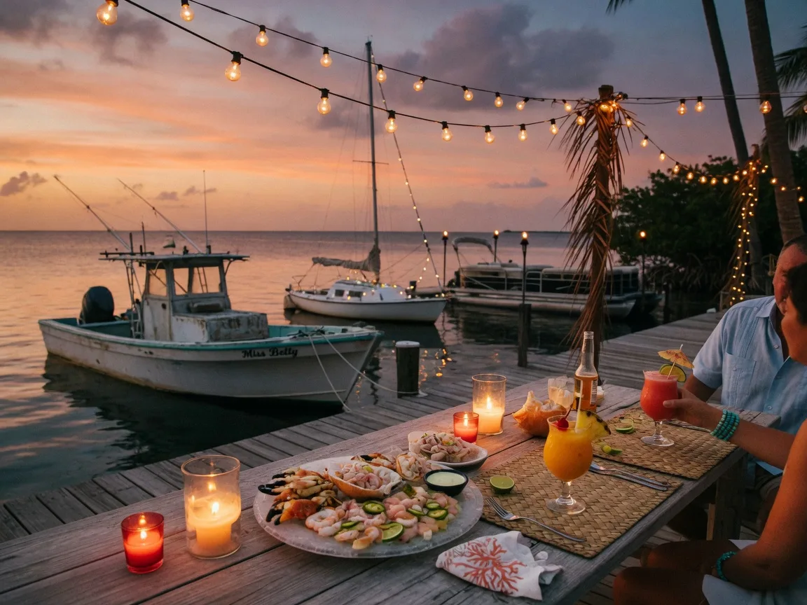 Candlelit waterfront dining in Key Largo at sundown, fresh local seafood and tropical cocktails on a wooden deck overlooking moored boats with string lights overhead