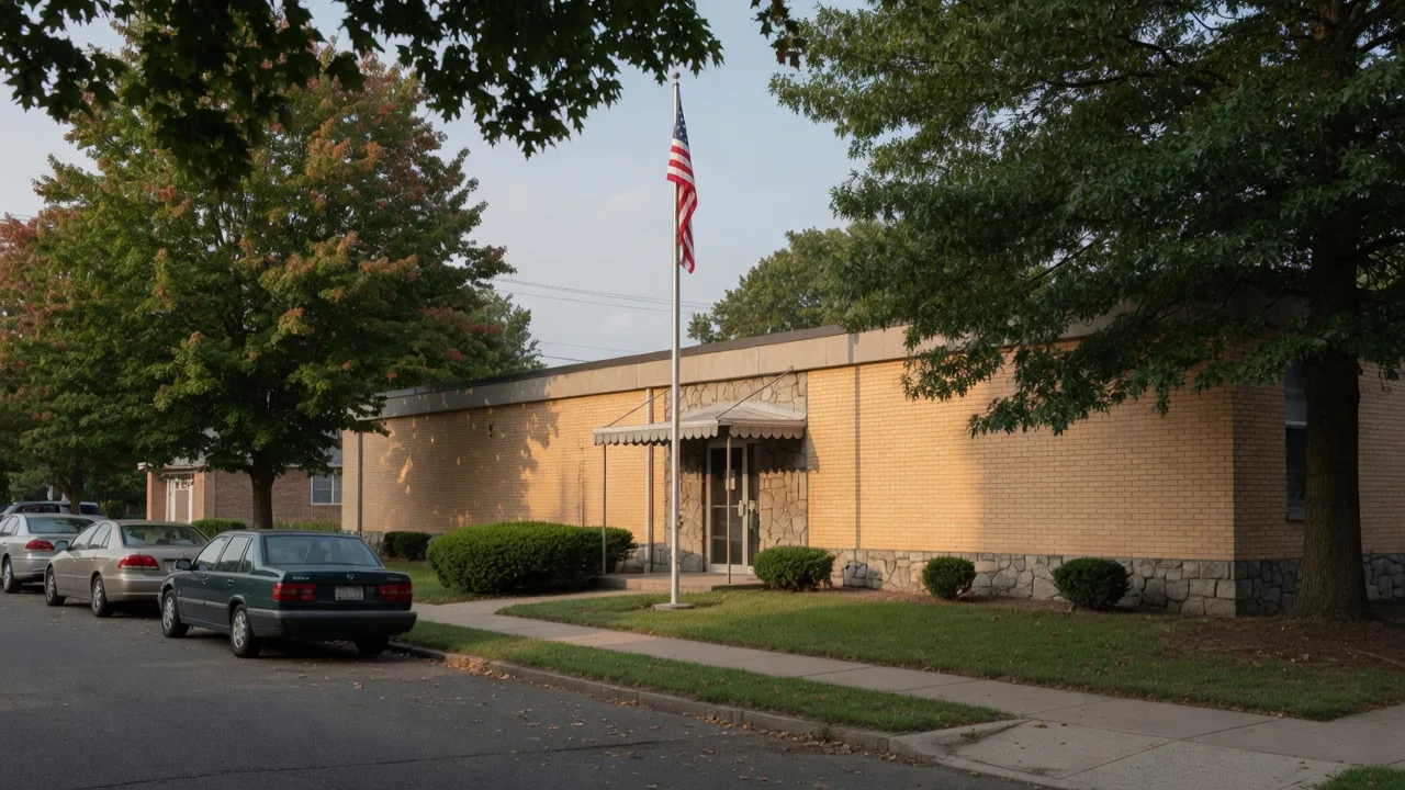 The low mid-century municipal building at 205 Claremont Avenue in Montclair NJ, a brick and stone civic office building with a flagpole, small lawn, and mature shade trees