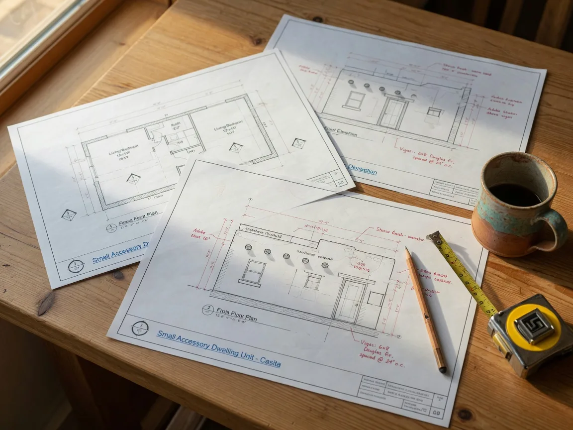 Printed ADU construction plan sheets for a casita laid on a sunlit table with a tape measure and pencil