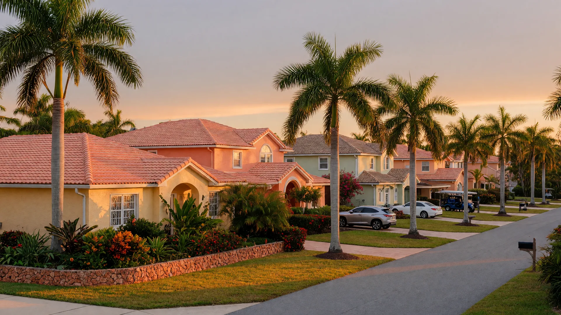 Quiet North Naples, Florida residential street at golden hour with Mediterranean stucco homes, barrel-tile roofs, and royal palm trees