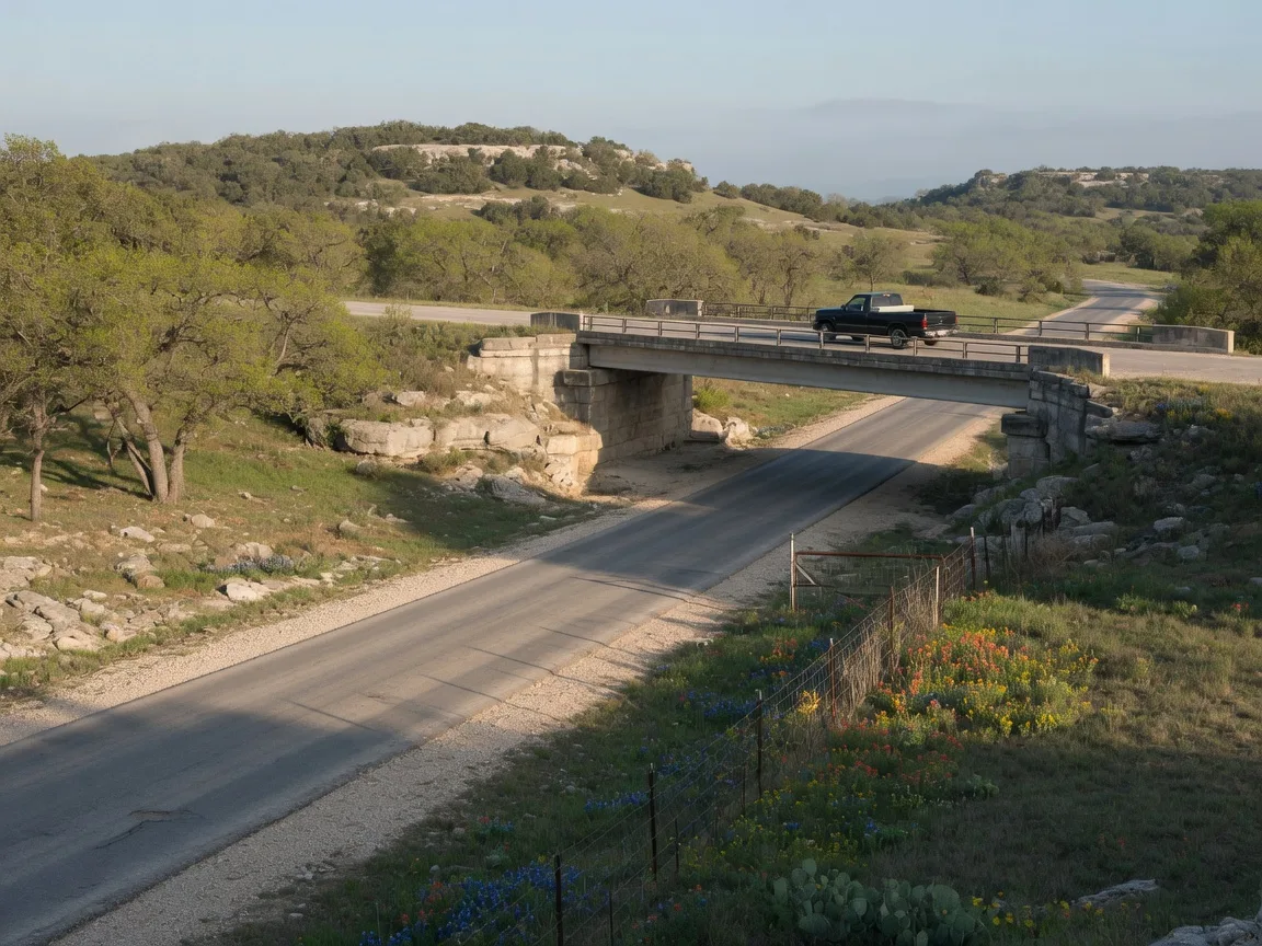 A quiet farm-to-market road passes under a rural highway overpass near Boerne in morning light
