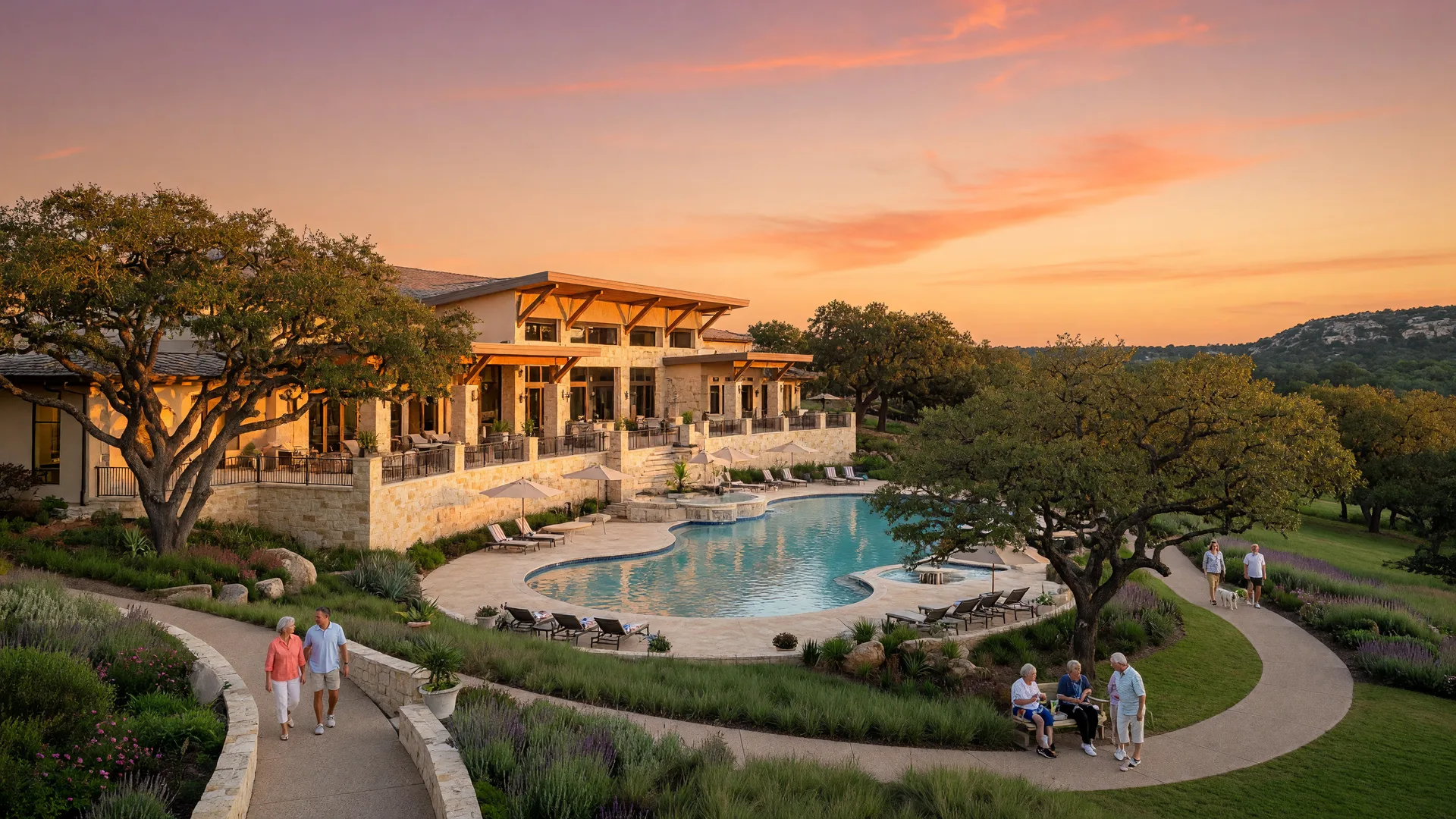 Active adult 55+ resort-style community in Central Texas at golden hour with clubhouse and pool