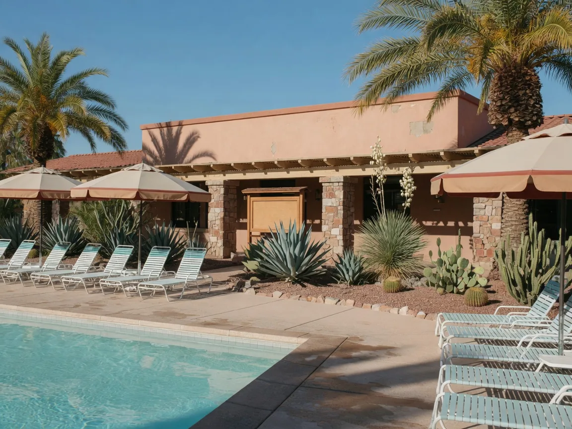 A resort-style pool with lounge chairs beside a southwestern clubhouse with palms and desert landscaping