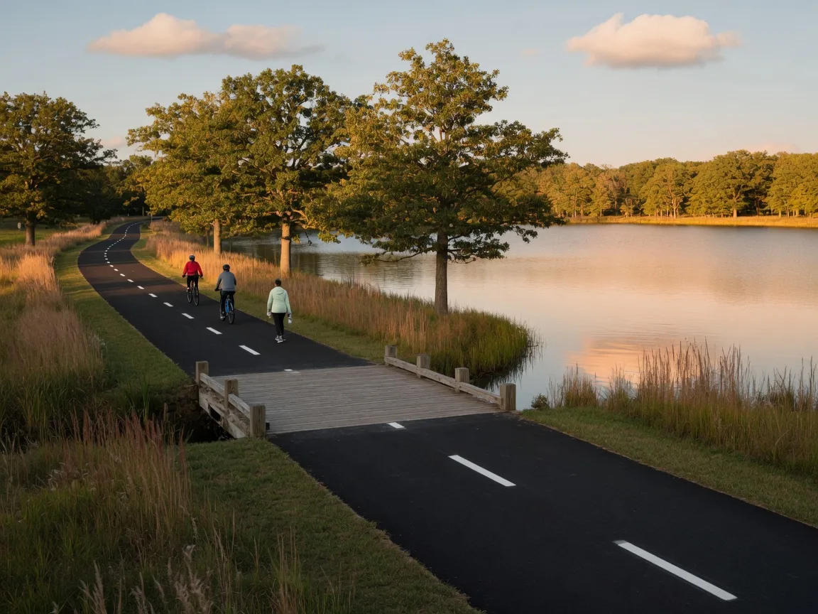 A freshly paved multi-use trail with a wooden boardwalk runs along the north shore of Silver Lake in late-afternoon light