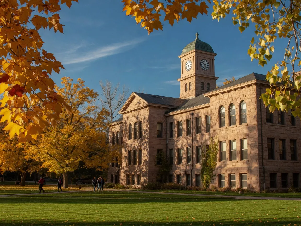 A historic sandstone university building with a clock tower on a beautiful campus in autumn, golden leaves and a deep blue Colorado sky