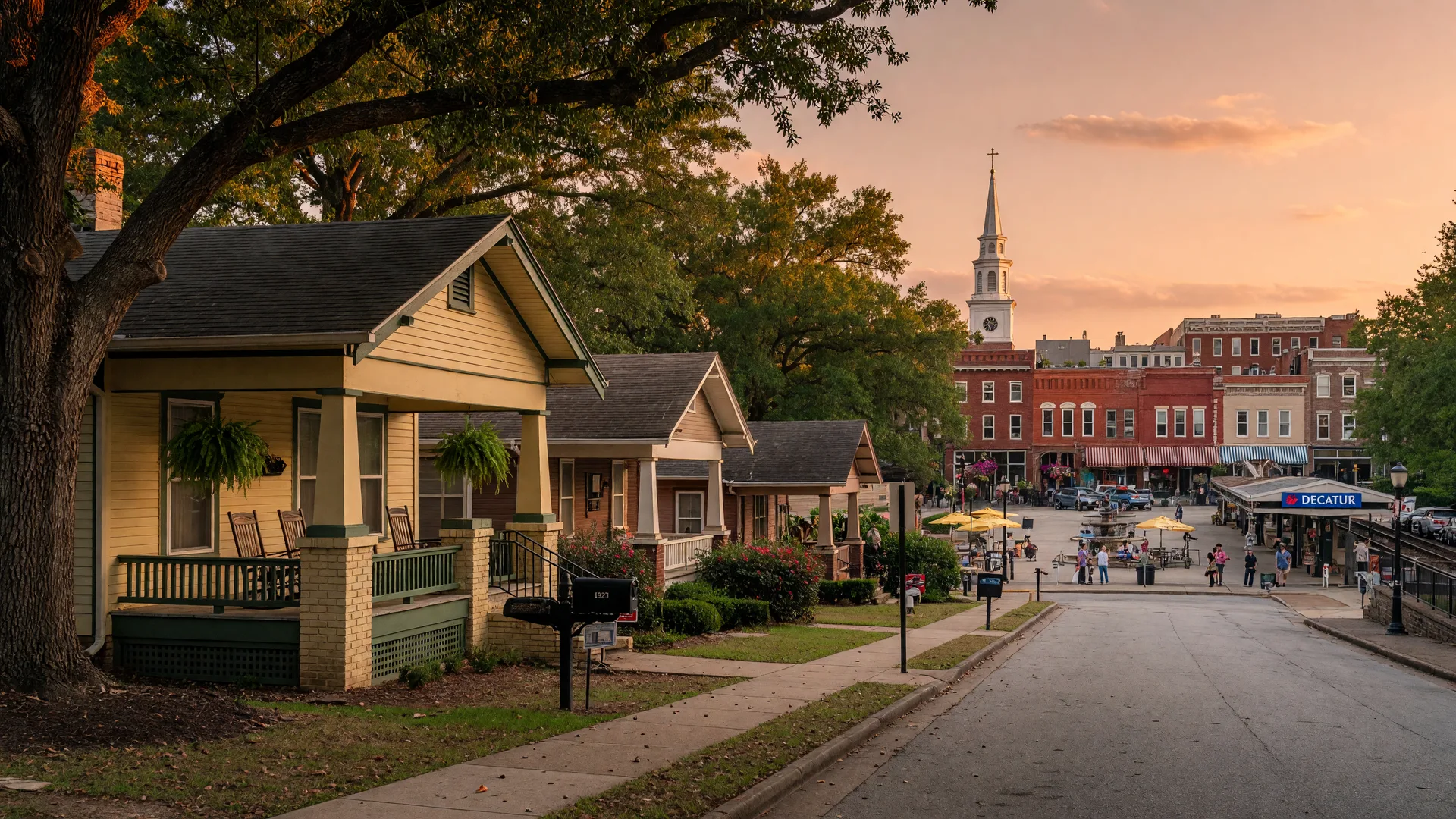 A classic craftsman bungalow with mature oaks in the foreground and Decatur's walkable downtown square with brick storefronts and a church steeple in the distance at golden hour, representing the two Decaturs