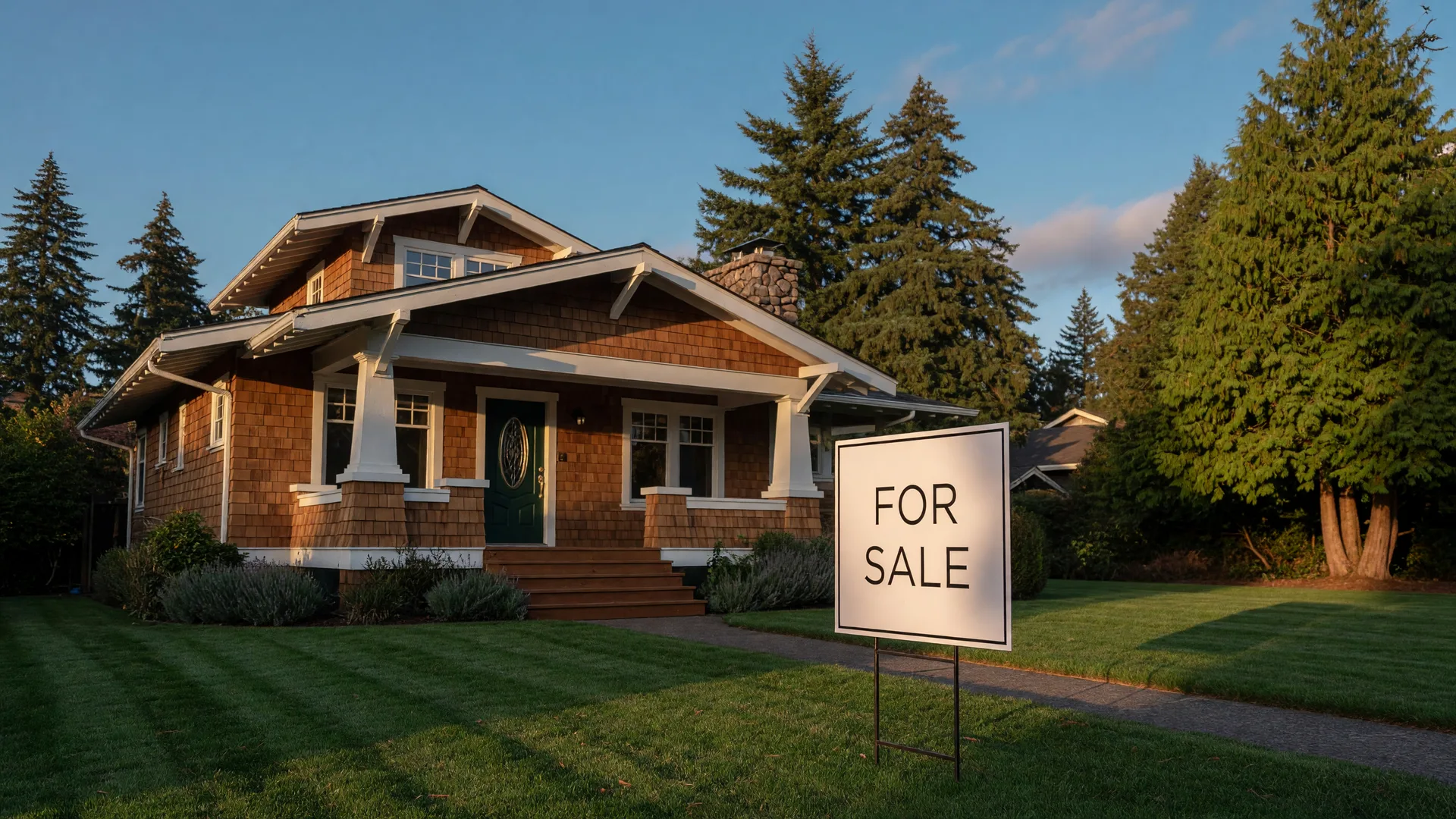 A single-story craftsman home with a For Sale sign in the front yard, bathed in warm golden-hour light