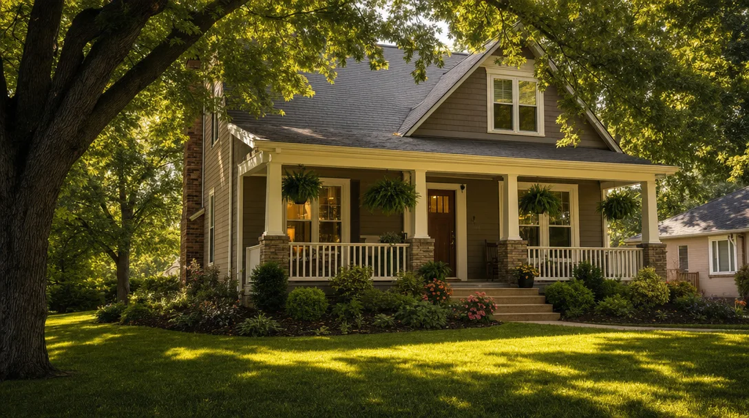A charming home in Gladstone, Missouri with mature trees and a welcoming front porch on a sunny afternoon