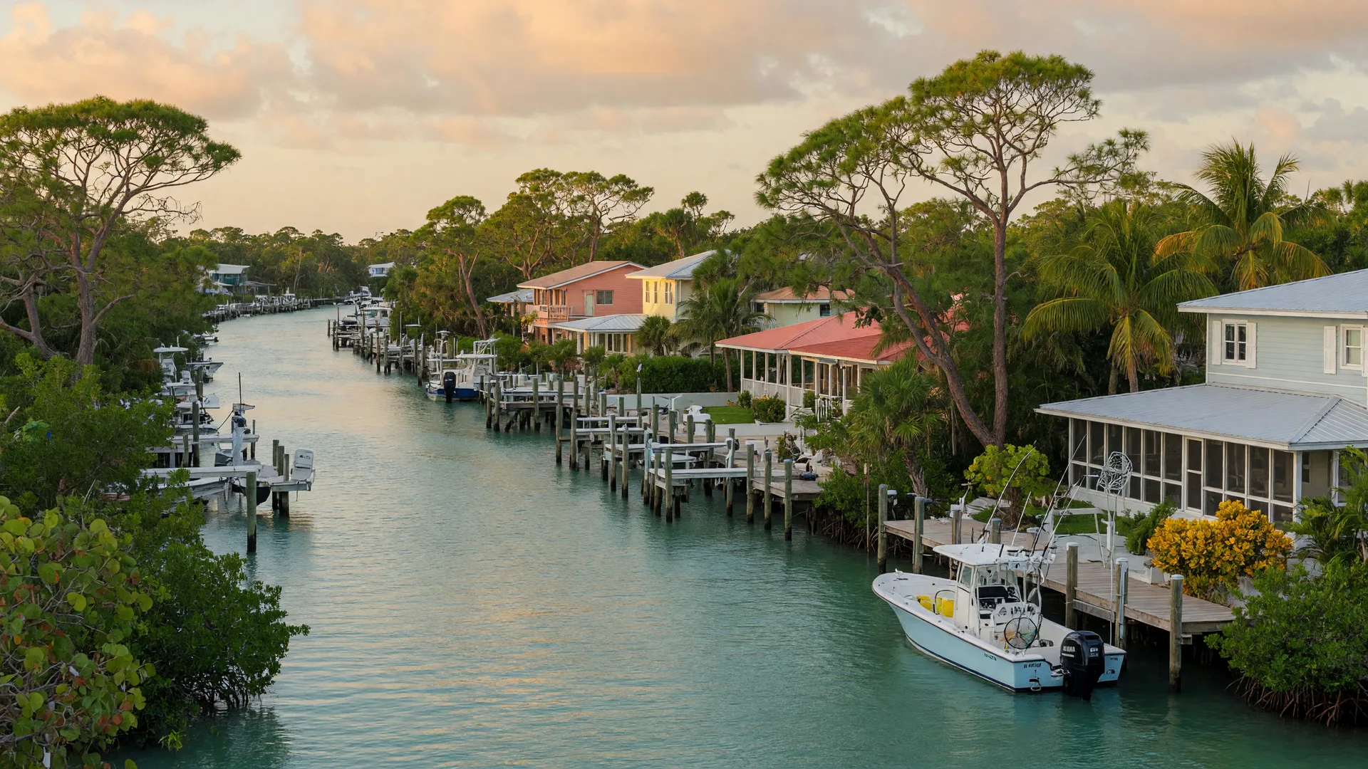 Quiet canal in Big Pine Key with luxury waterfront homes, private dock with fishing boat, warm turquoise water at golden hour