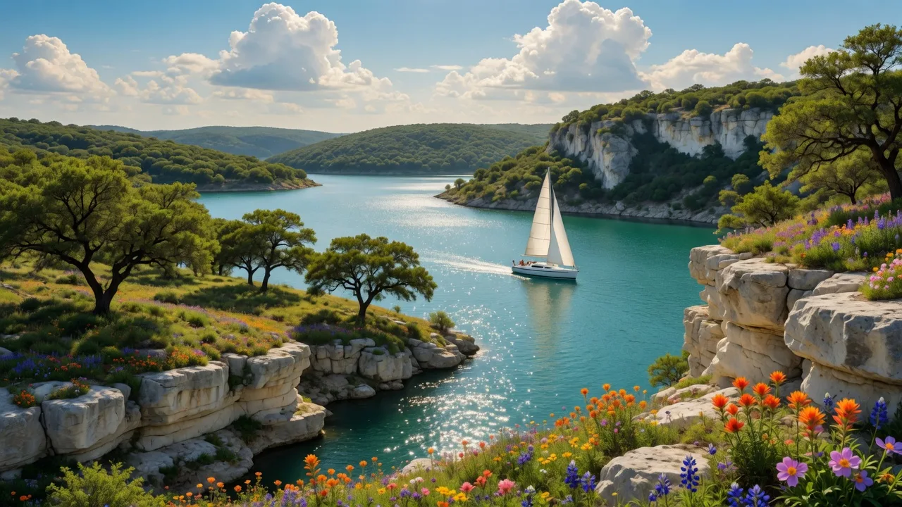 Sailboat gliding across sparkling turquoise Canyon Lake water on a bright sunny day — limestone cliffs, green hills, and blue sky