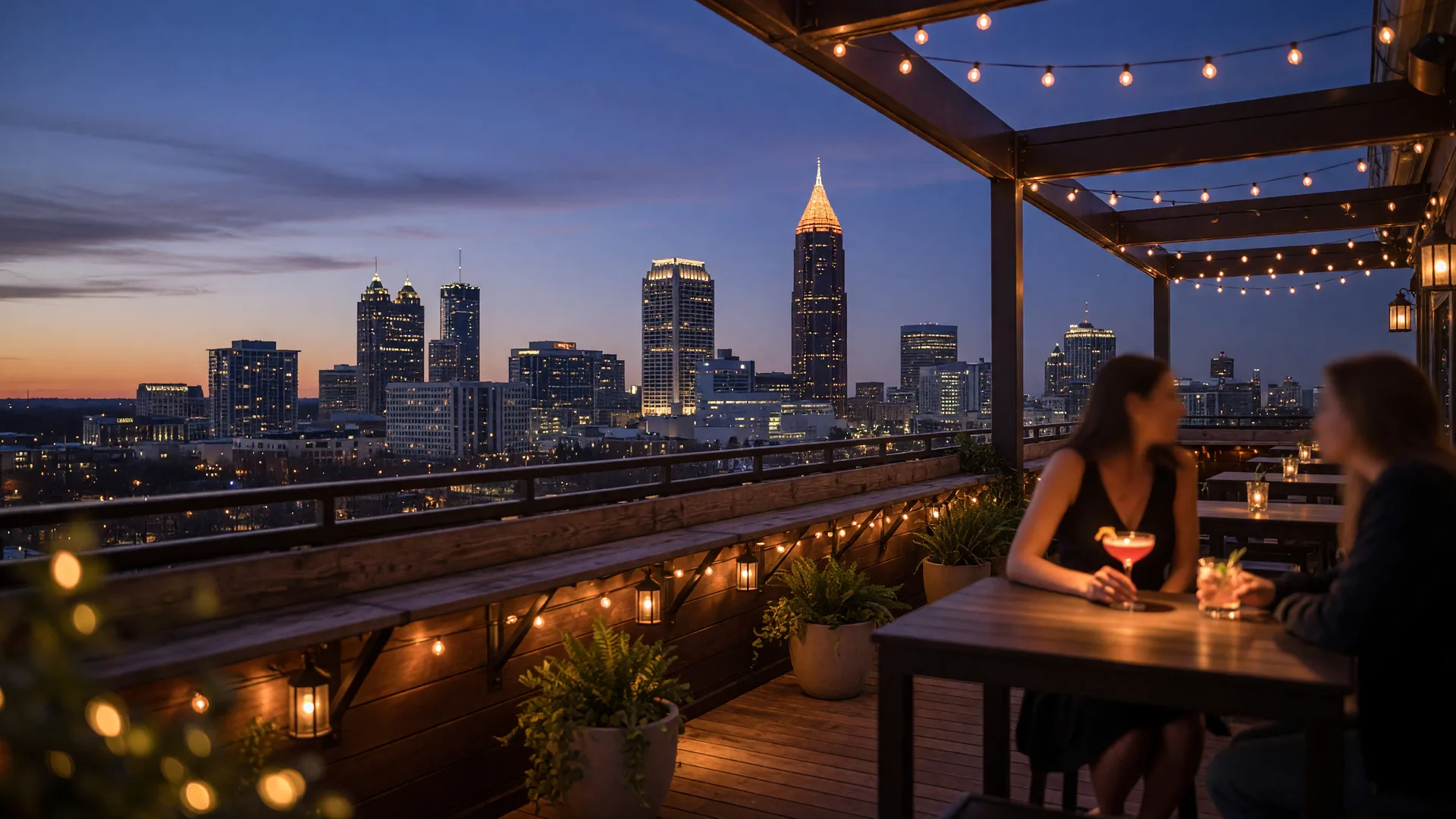 Atlanta skyline from a rooftop bar at dusk