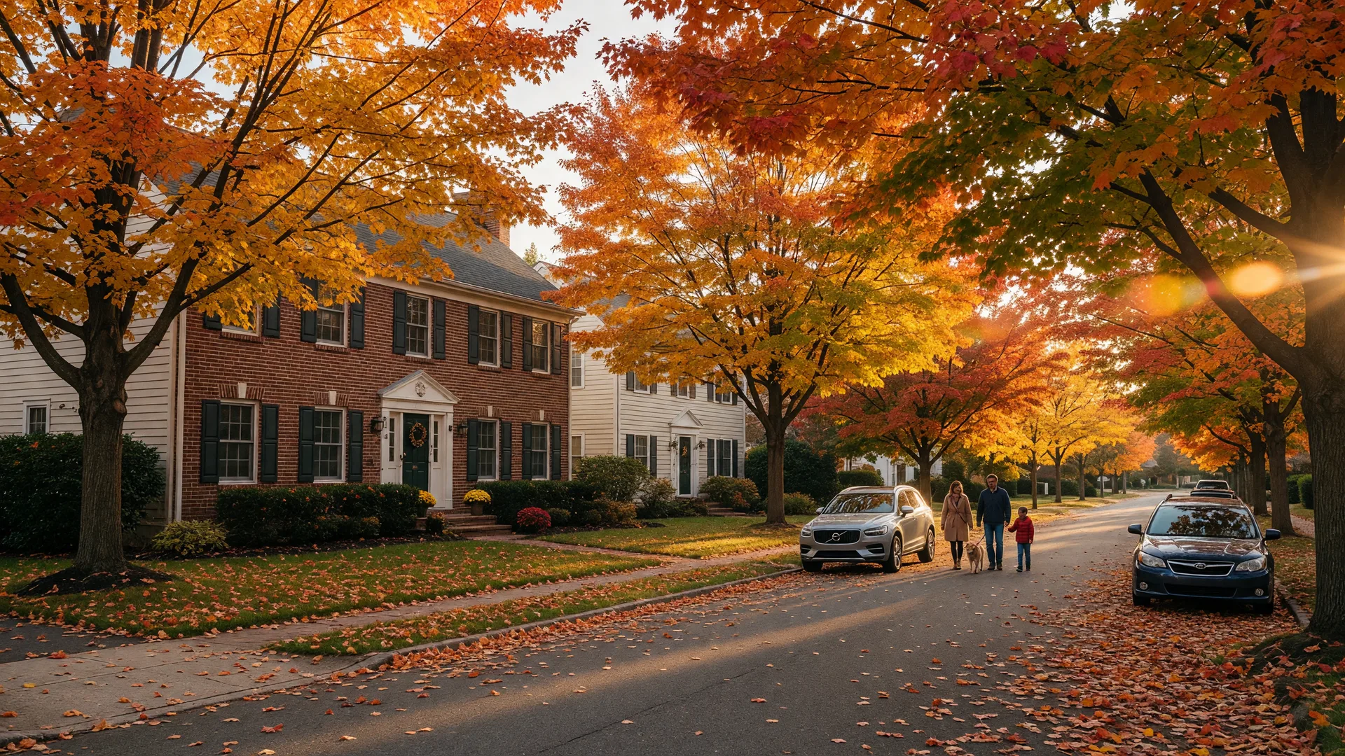 A Moorestown colonial home framed by sugar maples at peak fall color in mid-October