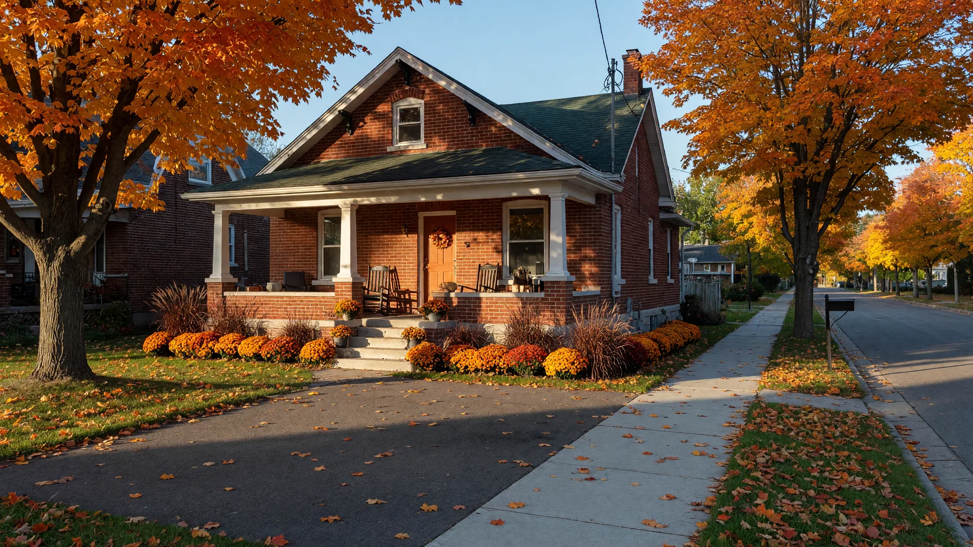 A welcoming single-storey red brick bungalow with a covered front porch on a quiet tree-lined Port Perry street on a crisp October morning, with orange mums by the front steps and falling maple leaves