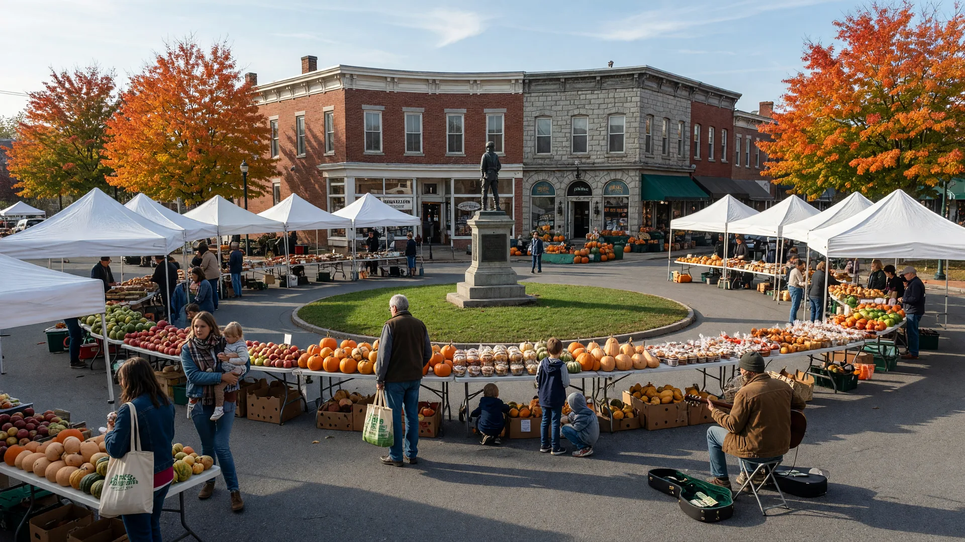 The Nazareth circle on a bright October Saturday morning, farmers market stalls with white canopies around the green, tables of apples, pumpkins and squash, brick and stone storefronts around the circle, a guitarist playing near the curb, trees in orange and red, families browsing with canvas totes