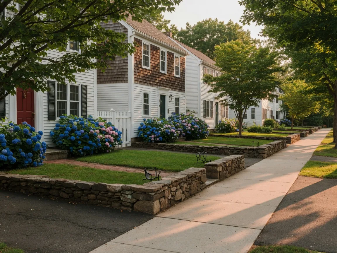 Tree-lined New England residential street in Guilford, Connecticut, with white colonial and shingle homes, stone retaining walls, and hydrangeas in late-afternoon light