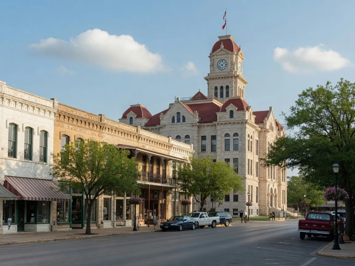 Historic downtown San Marcos square with limestone courthouse, tree-lined streets, and local storefronts under a clear morning sky